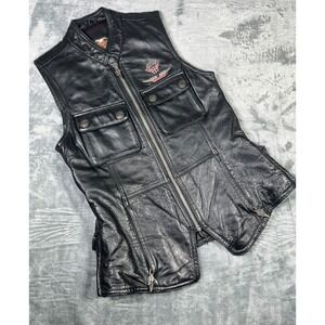 Harley Davidson Vest Women XSmall Black Vance Leather Pockets Sturgis Pin VG++